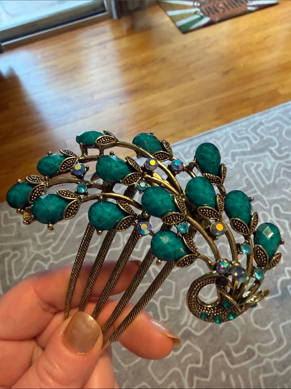 Teal Peacock 🦚 Crystal Floral Hair Comb Pin